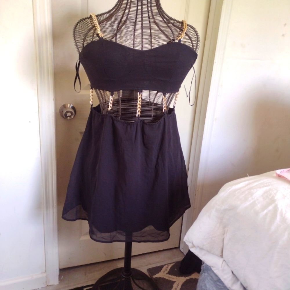 NWT Black and gold chain cut out mini dress size L